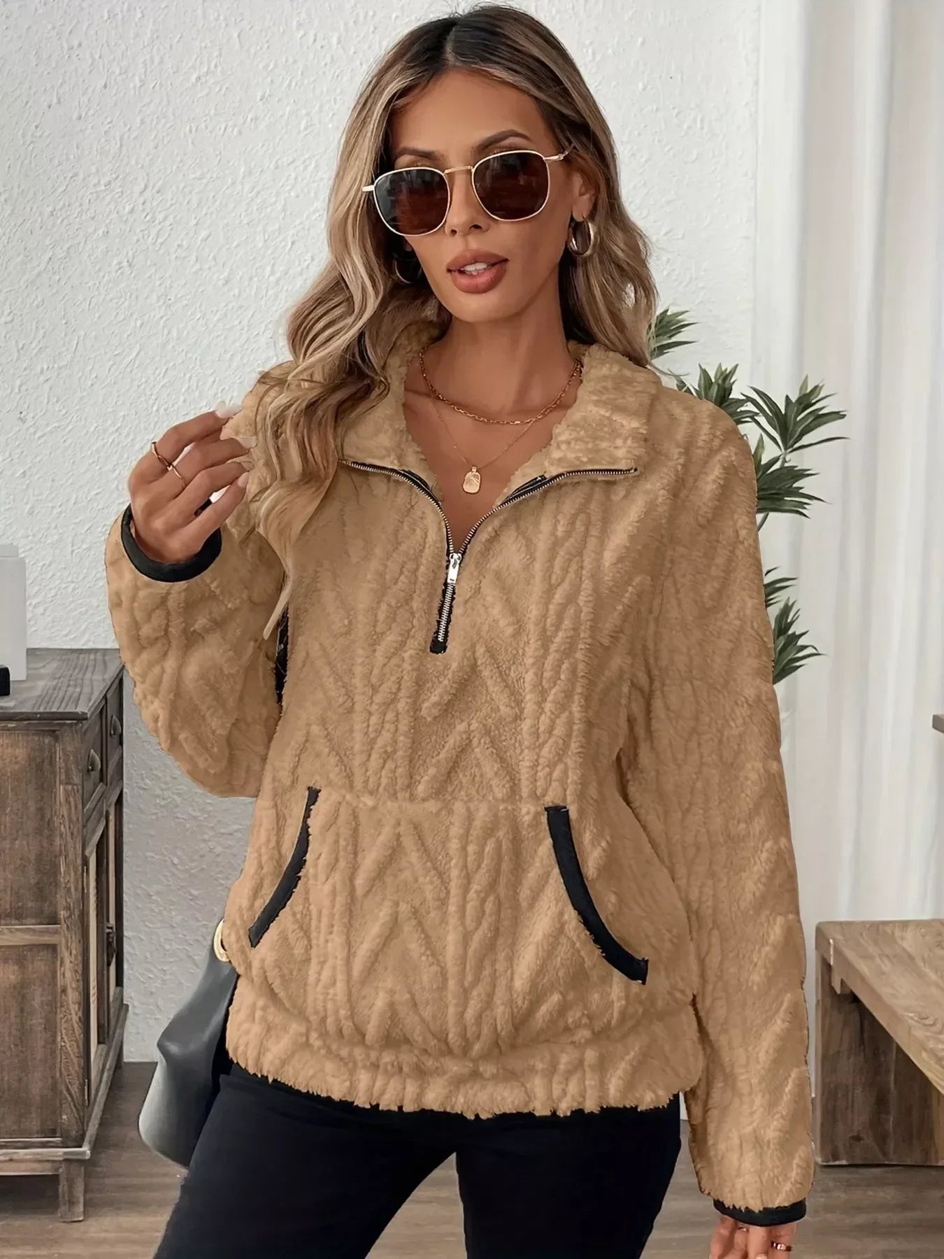 Cozy Sherpa Half Zip Sweatshirt - DAVERRI FASHIONS