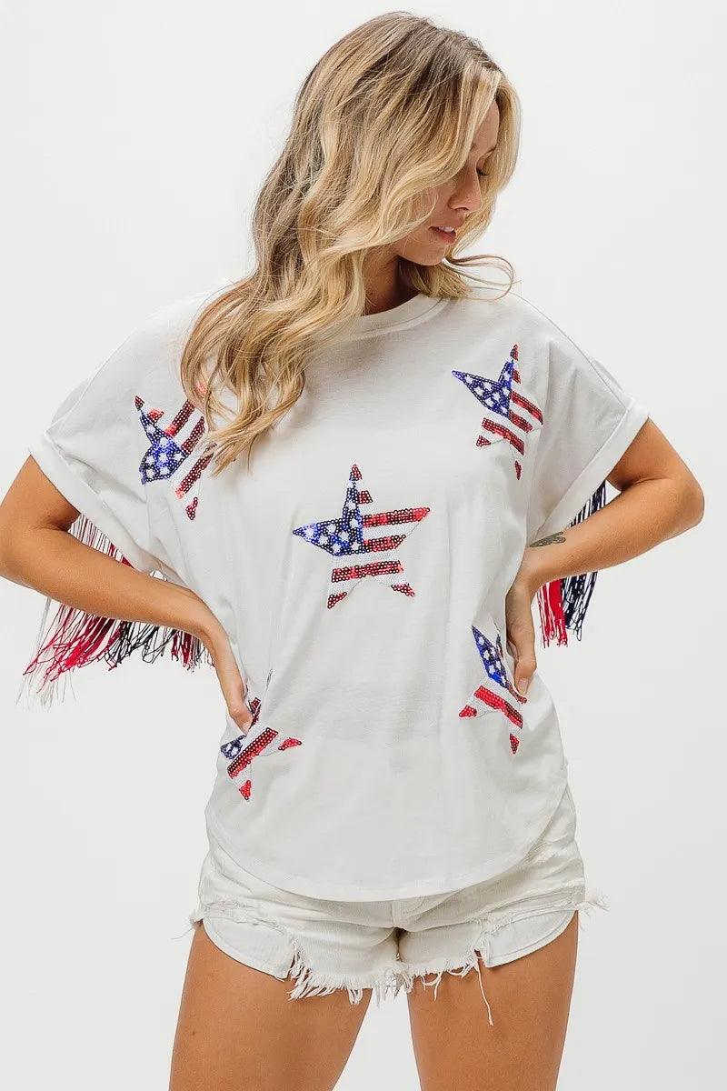 BiBi American Flag Sequin Star Fringe Top | Tops Daverri Fashions