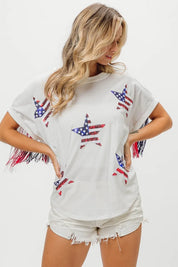 BiBi American Flag Sequin Star Fringe Top | Tops Daverri Fashions