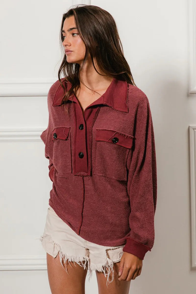 BiBi Cp French Terry Cut Edge Detail Collared Top | Tops Daverri Fashions