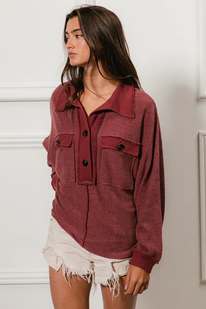 BiBi Cp French Terry Cut Edge Detail Collared Top | Tops Daverri Fashions