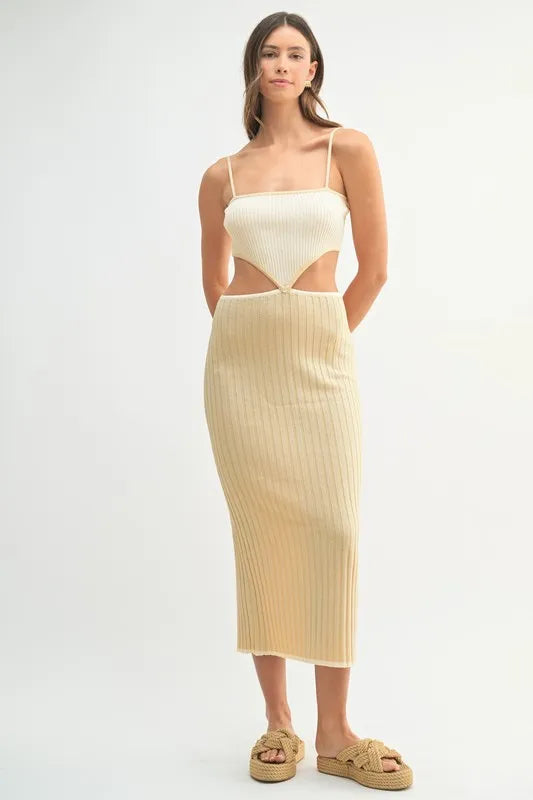 MABLE Ribbed Knit Color Block Cutout Midi Dress Lt Taupe