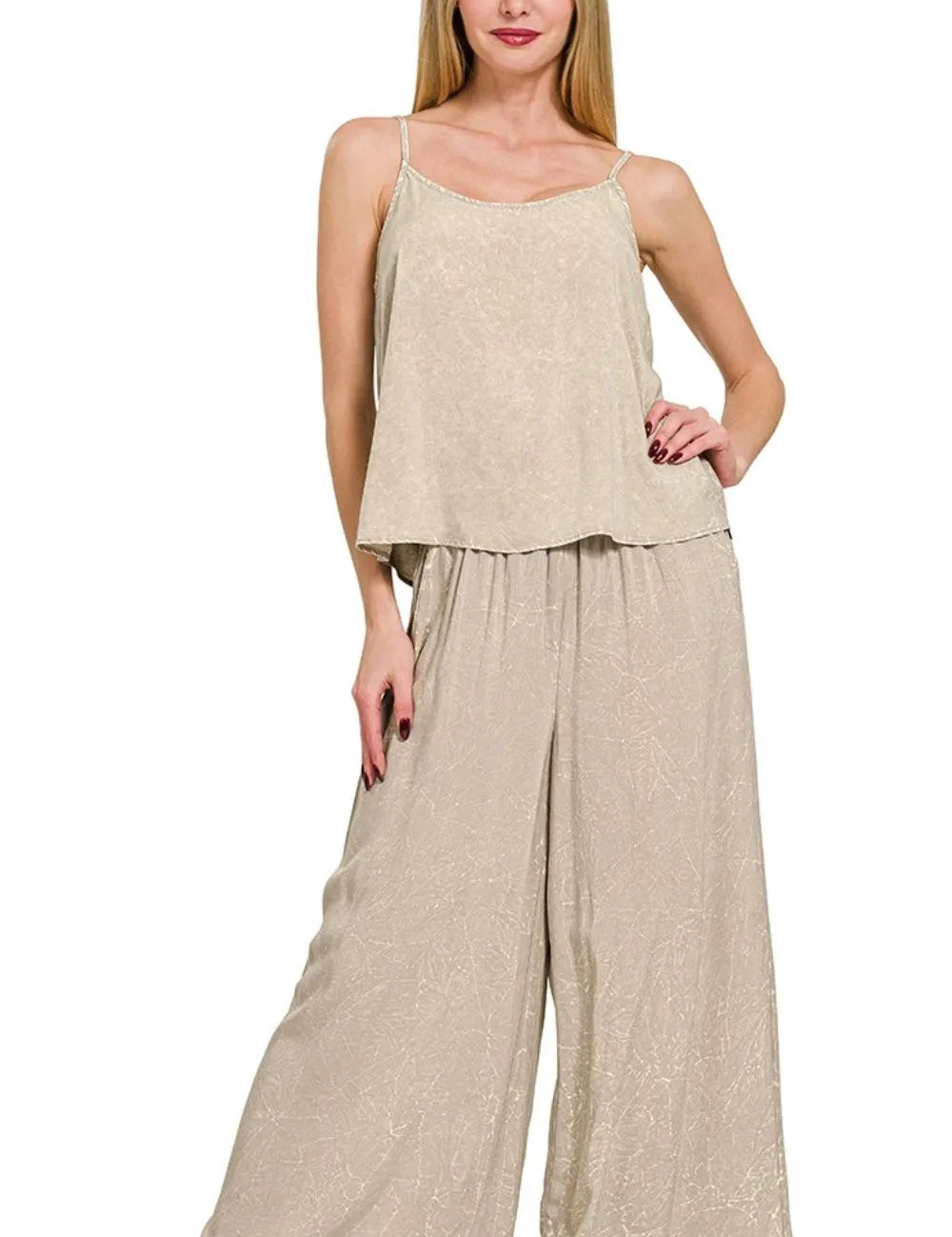 ASH MOCHA Zenana Ash Mocha Woven Acid Crinkle Washed Cami & Pants 2 Piece Set | Outfit Sets Daverri Fashions