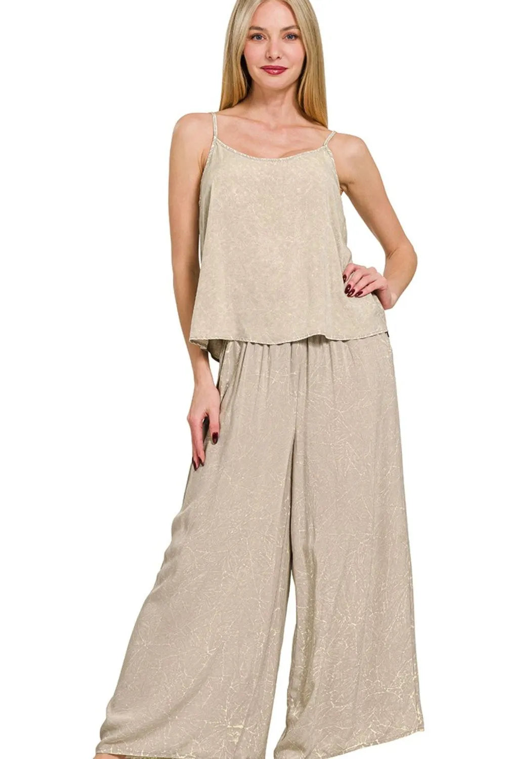 Zenana Ash Mocha Woven Acid Crinkle Washed Cami & Pants 2 Piece Set ASH MOCHA Outfit Sets