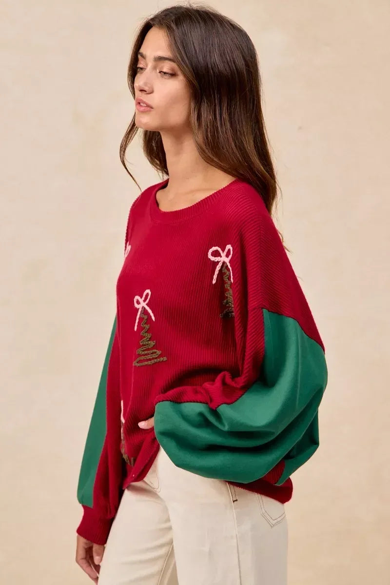 BiBi Christmas Theme Tree Embroidered Sweater - DAVERRI FASHIONS