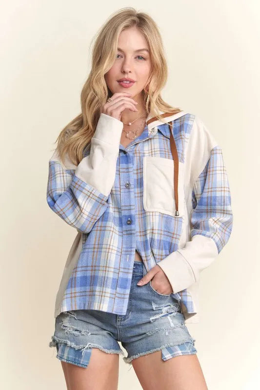ADORA Button Down Plaid Hoodie Shacket Shackets