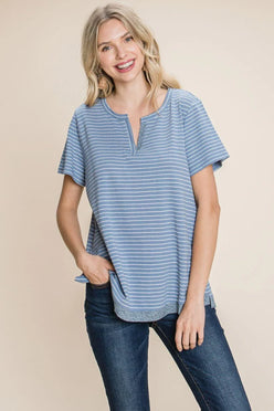 Slit Striped Notched Short Sleeve T-Shirt - DAVERRI FASHIONS