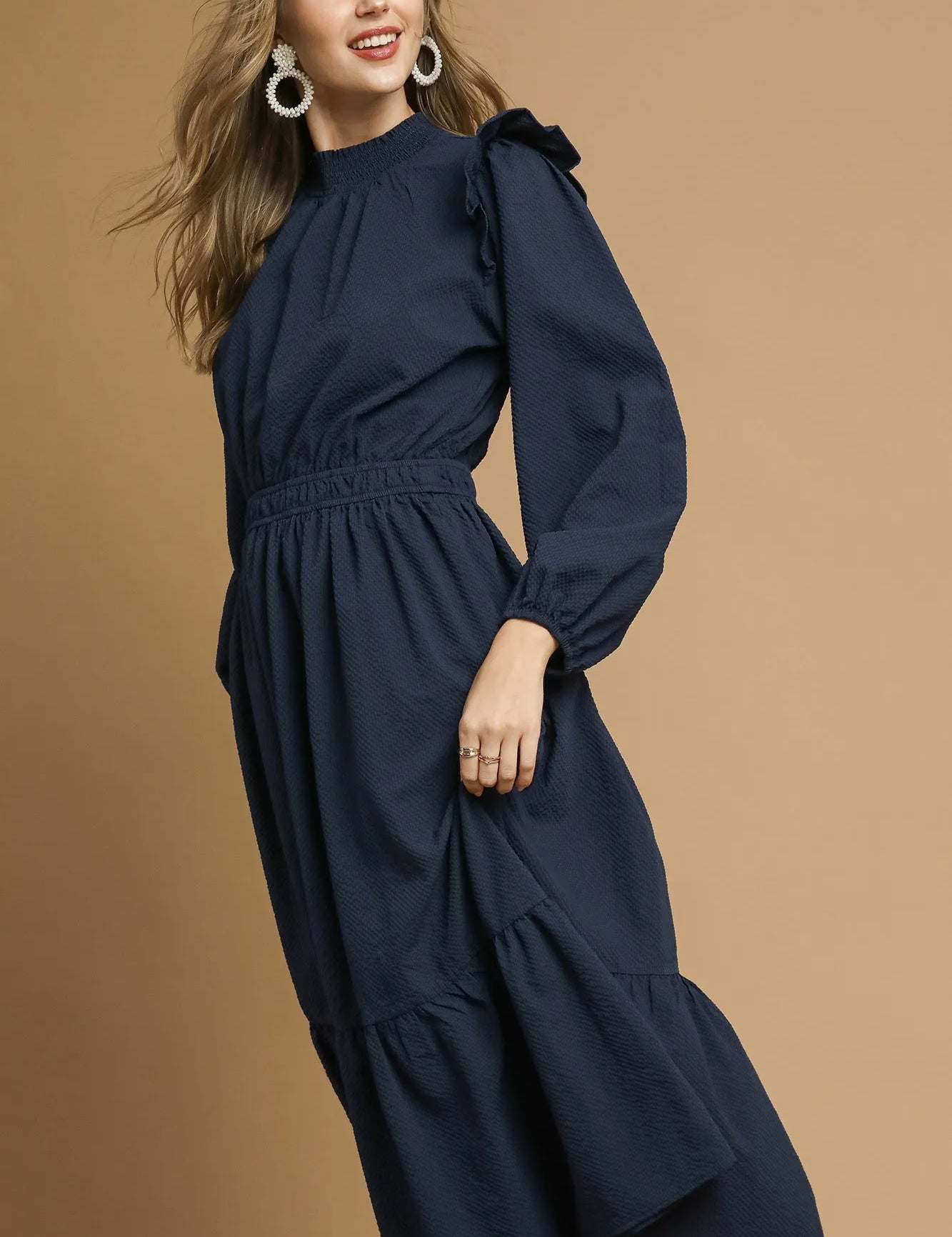 Umgee Textured Midi Dress with Ruffle Shoulder Detail | Daverri Fashions