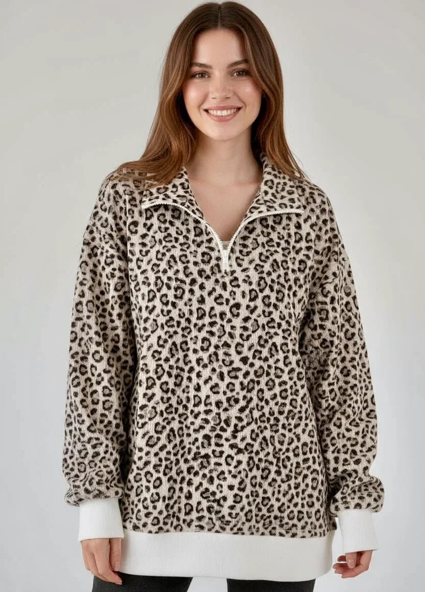 Leopard Print Quarter-Zip Sweatshirt - DAVERRI FASHIONS