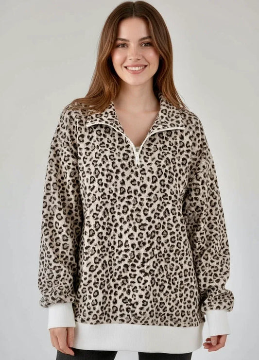 Leopard Print Quarter-Zip Sweatshirt - DAVERRI FASHIONS