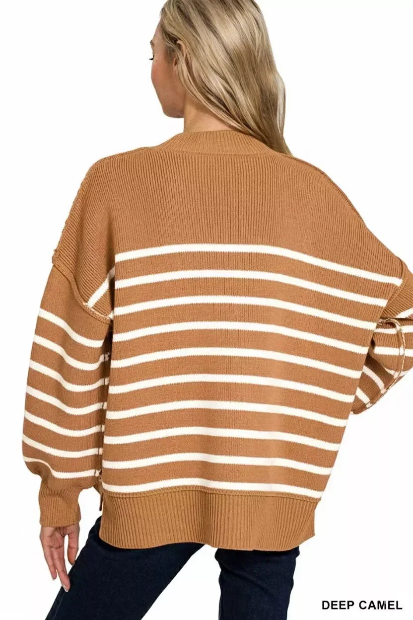 Zenana Exposed Seam Striped Oversized Sweater Camel - DAVERRI FASHIONS