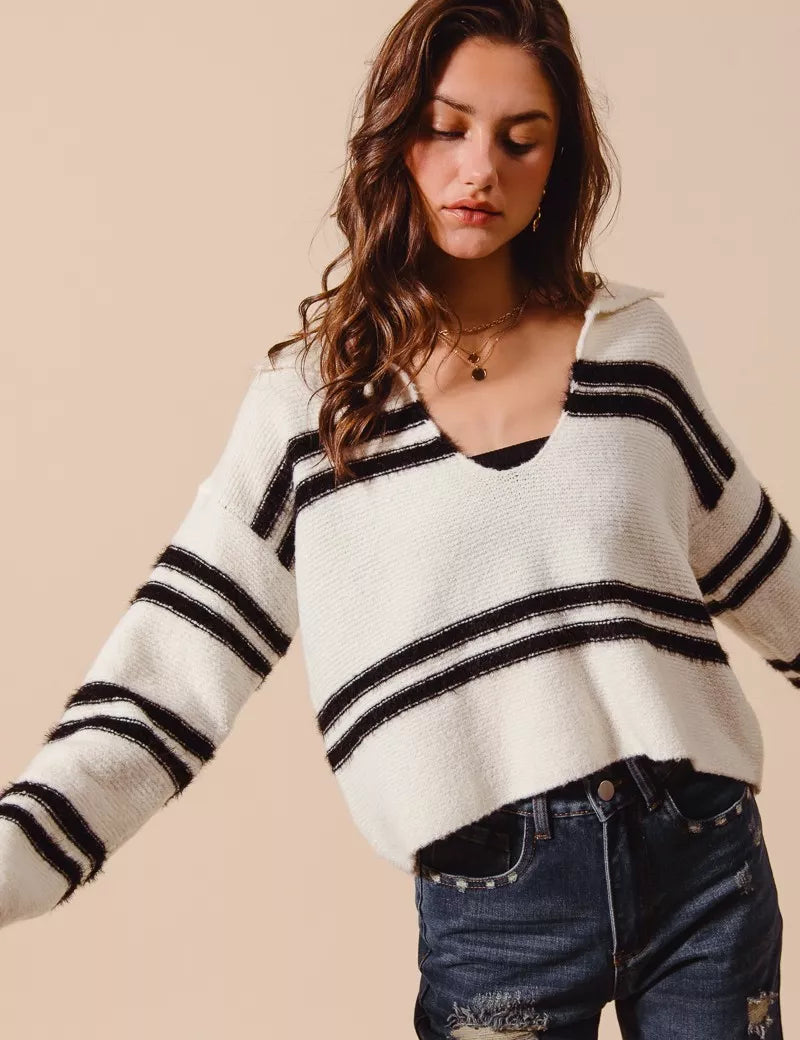 SO ME Fuzzy Hairy Stripe Deep U Neck Swetaer | Sweaters Daverri Fashions