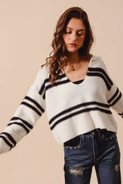 SO ME Fuzzy Hairy Stripe Deep U Neck Swetaer | Sweaters Daverri Fashions