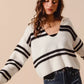 SO ME Fuzzy Hairy Stripe Deep U Neck Swetaer - DAVERRI FASHIONS