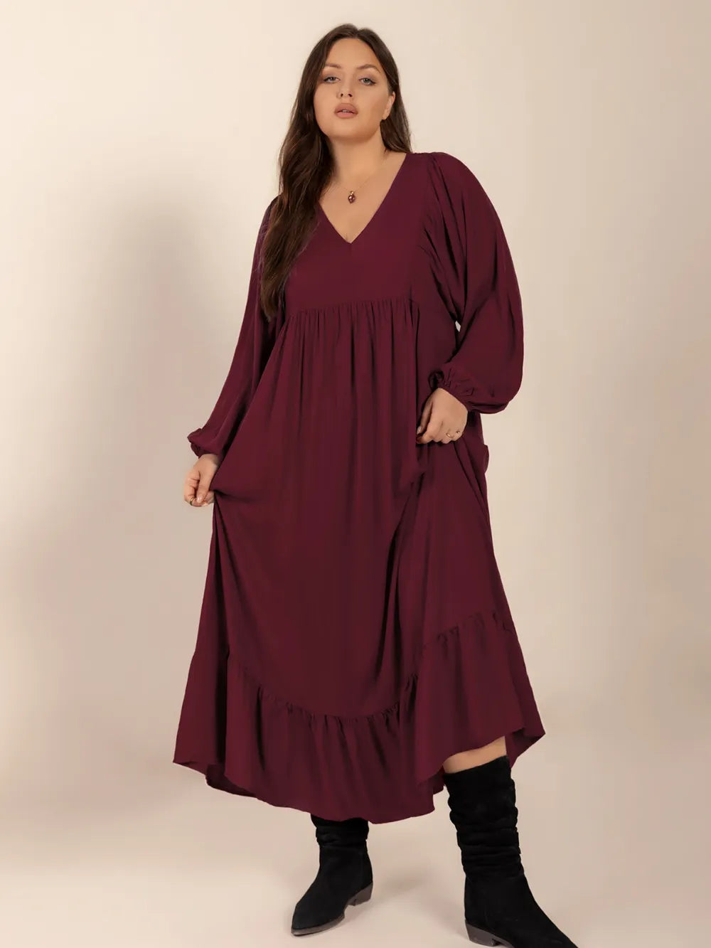 Plus Size Ruffled Hem V-Neck Balloon Sleeve Dress | Daverri Fashions