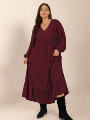Plus Size Ruffled Hem V-Neck Balloon Sleeve Dress | Daverri Fashions