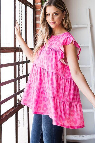 Heimish Full Size Tiered Leopard Round Neck Blouse with Ruffled Detail Plus Size Blouses