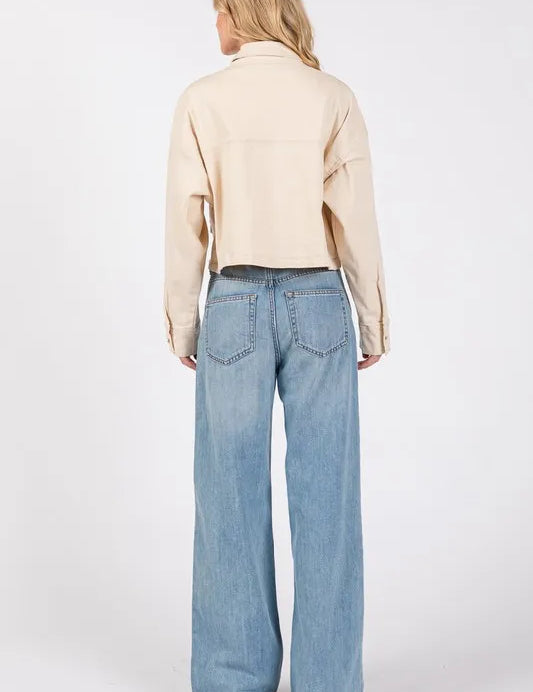 bytos Button Down Cropped Denim Jacket with Patch Pockets | Daverri Fashions