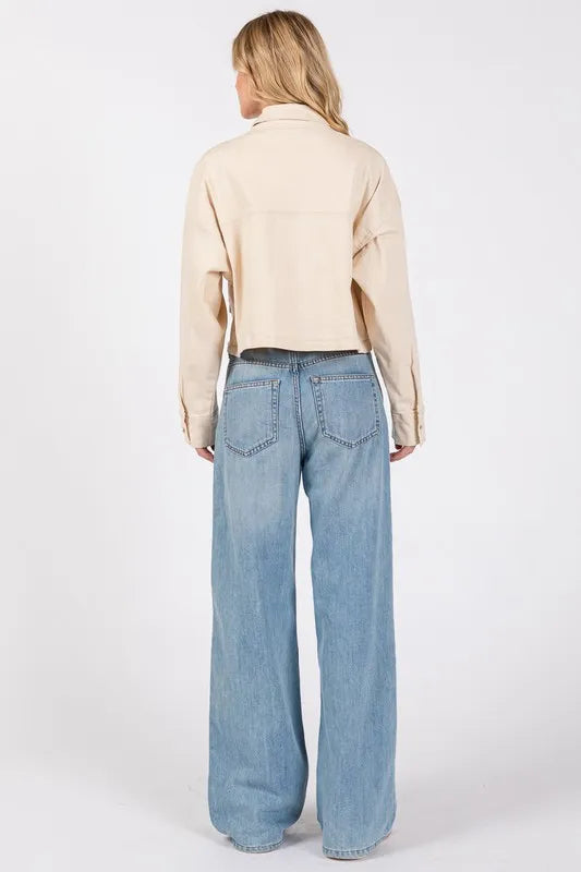 bytos Button Down Cropped Denim Jacket with Patch Pockets | Daverri Fashions