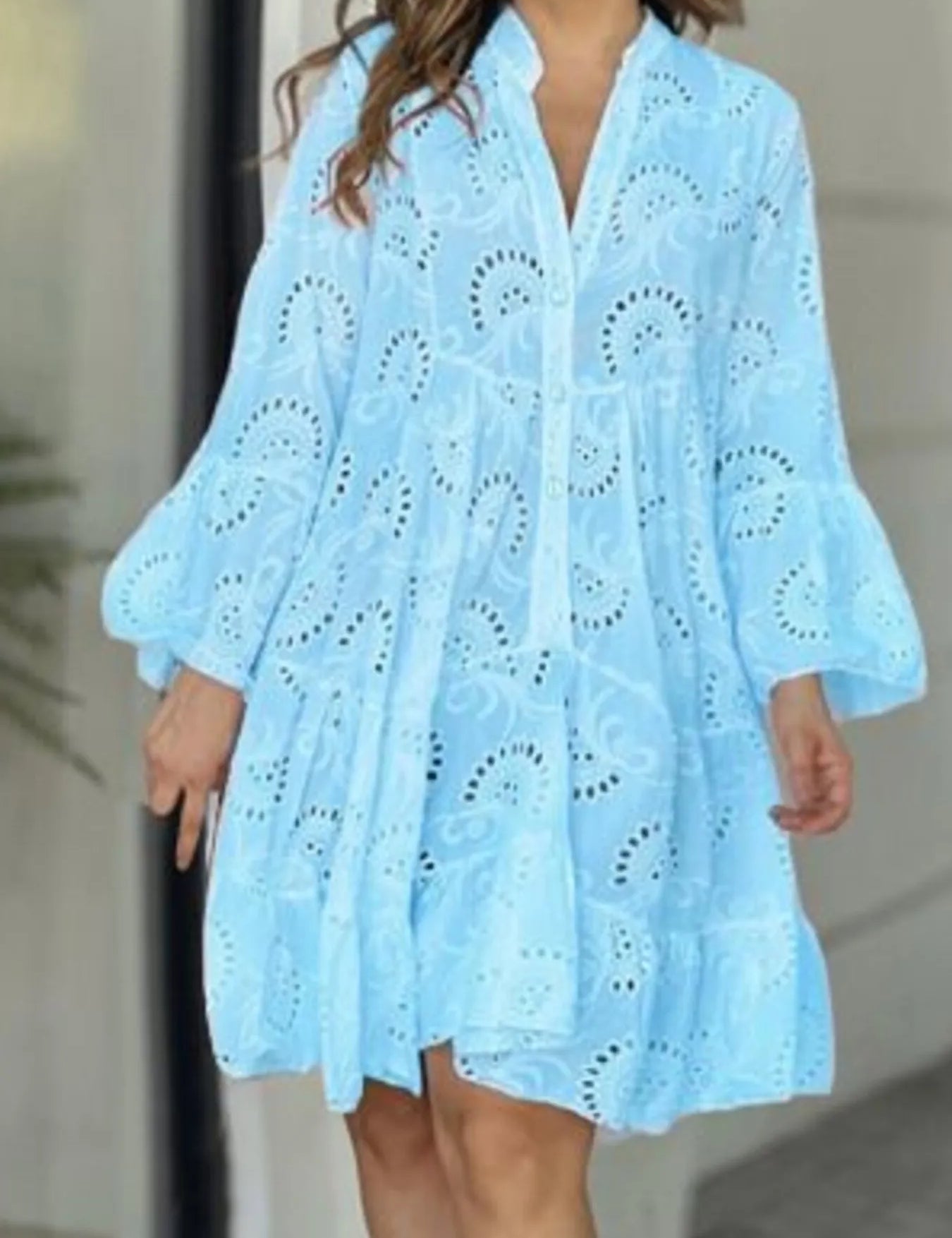 Blue Full Size Eyelet Ruffled Hem Tiered Dress Plus Size | Mini Dresses Daverri Fashions