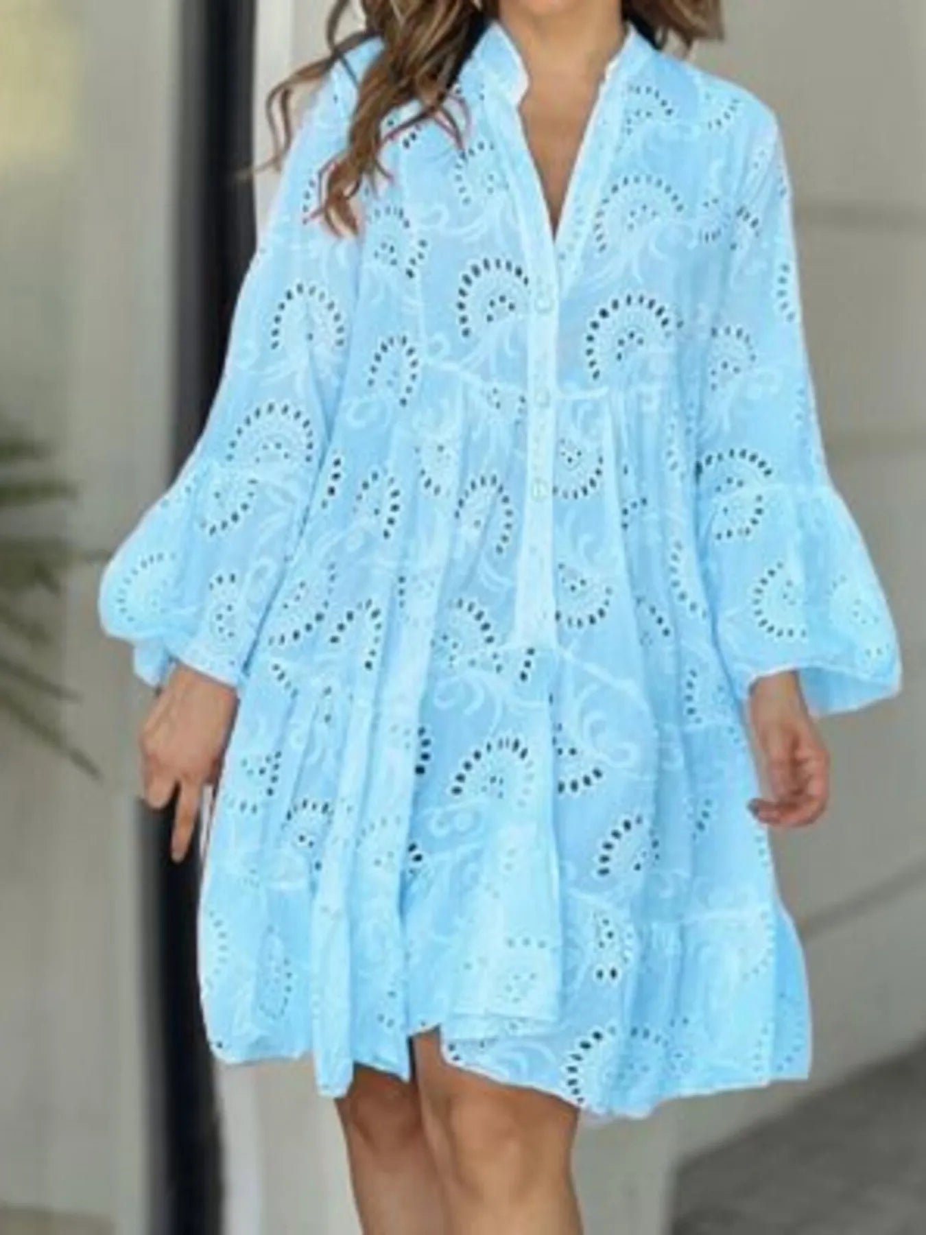 Blue Full Size Eyelet Ruffled Hem Tiered Dress Plus Size | Mini Dresses Daverri Fashions