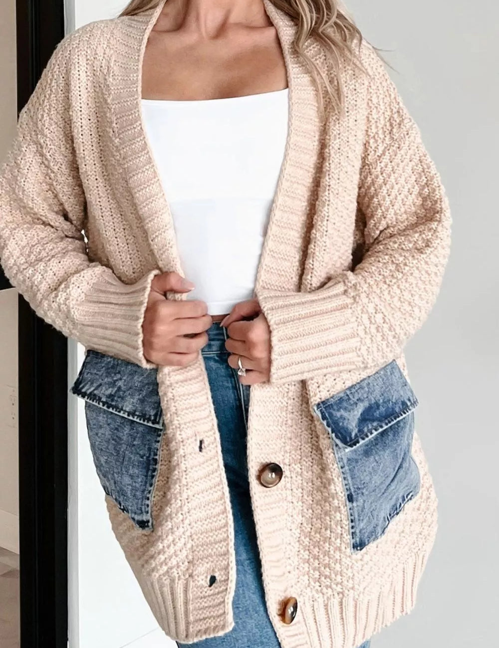Denim Pockets Textured Knit Open-Front Cardigan | Cardigans Daverri Fashions
