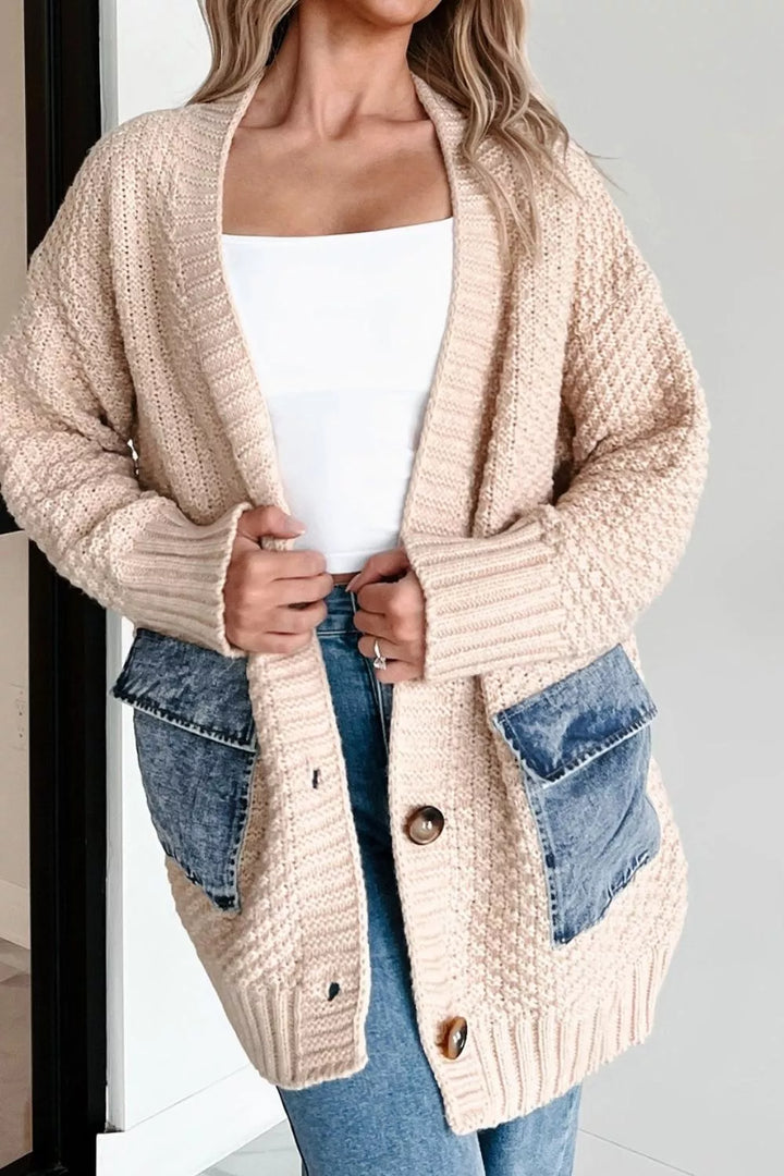 Denim Pockets Textured Knit Open-Front Cardigan | Cardigans Daverri Fashions