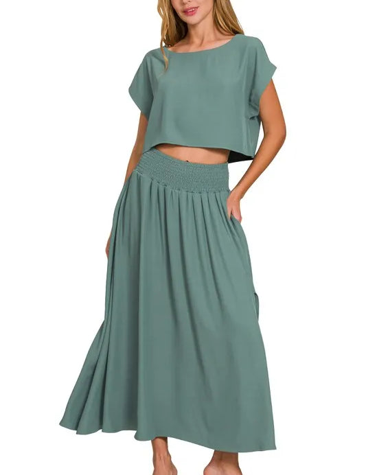 ASH JADE Zenana Heavy Woven Span Crop Tee & Skirt Set | Outfit Sets Daverri Fashions