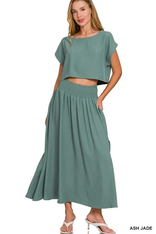 Zenana Heavy Woven Span Crop Tee & Skirt Set ASH JADE Outfit Sets