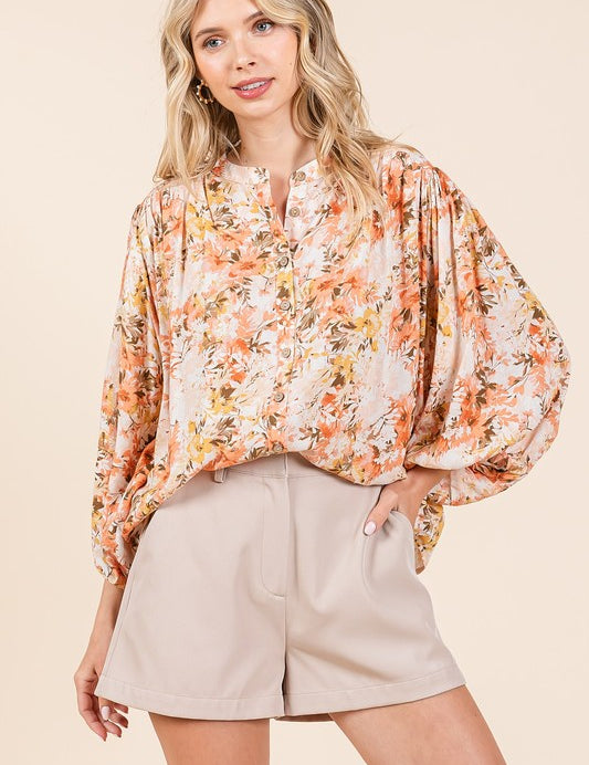 Mittoshop Flower Print Batwing Sleeve Button Down Blouse Ginger