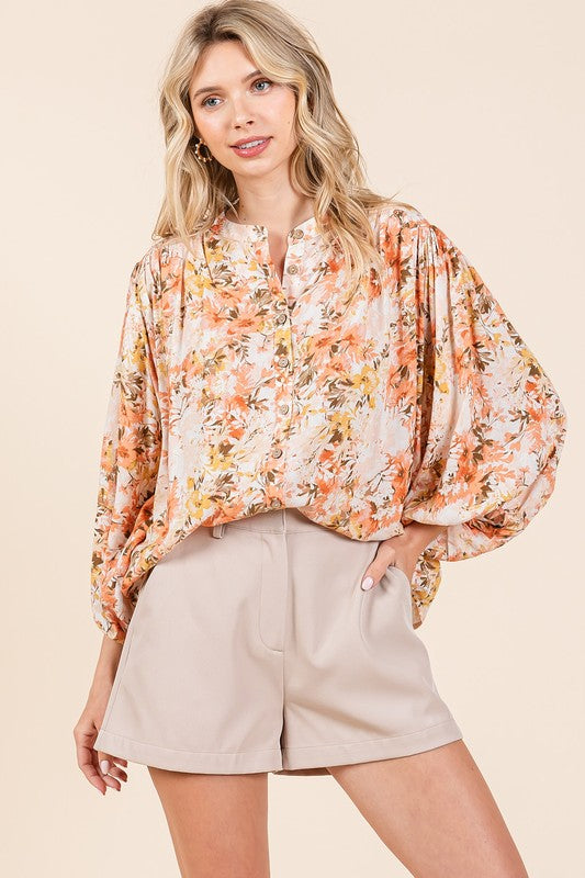 Mittoshop Flower Print Batwing Sleeve Button Down Blouse Ginger