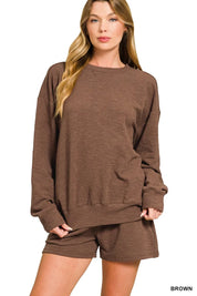BROWN Zenana Slub Long Sleeve Top and Shorts Set | Loungewear Sets Daverri Fashions