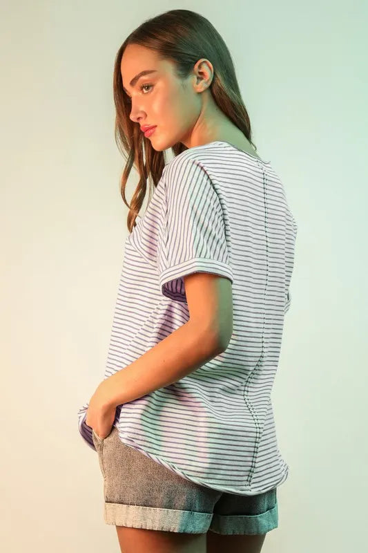 VERY J Striped V-Neck Short Sleeve T-Shirt T-Shirts