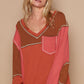 POL V-Neck Knit Panel Exposed Seam Top Brick