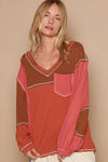 POL V-Neck Knit Panel Exposed Seam Top - DAVERRI FASHIONS
