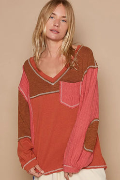 POL V-Neck Knit Panel Exposed Seam Top - DAVERRI FASHIONS