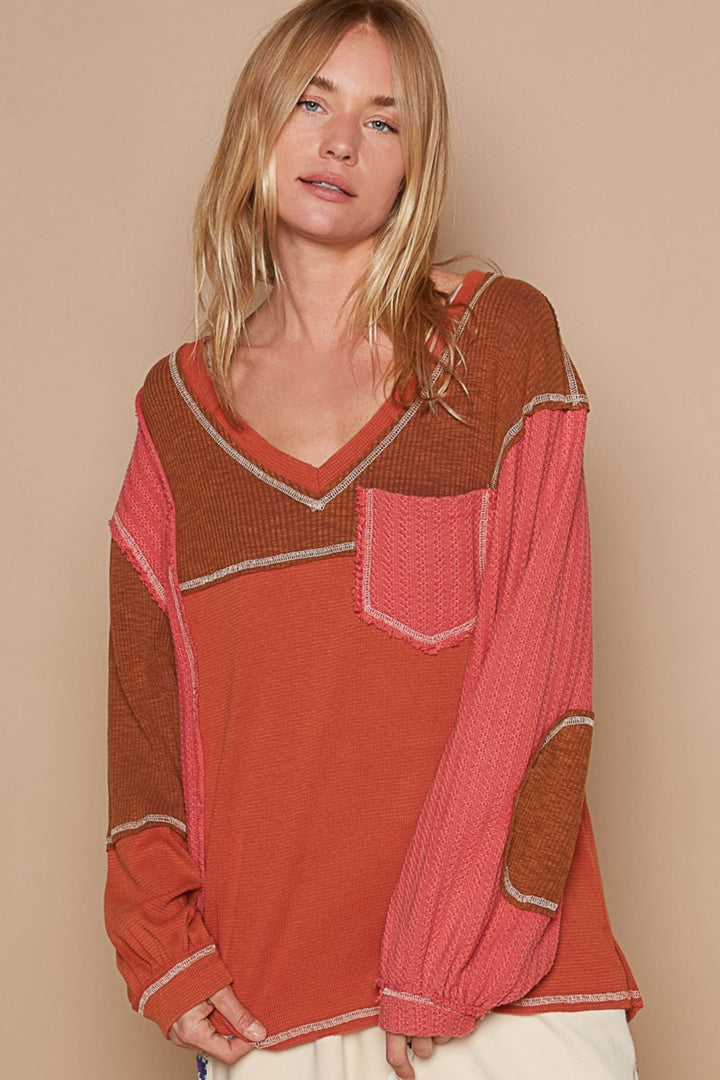 POL V-Neck Knit Panel Exposed Seam Top Brick