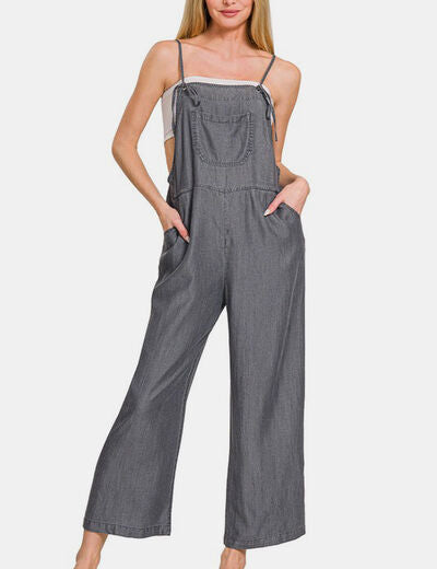 Zenana Washed Adjustable Strap Wide Leg Denim Overalls Black