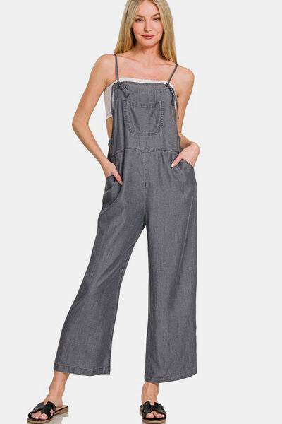 Zenana Washed Adjustable Strap Wide Leg Denim Overalls Black