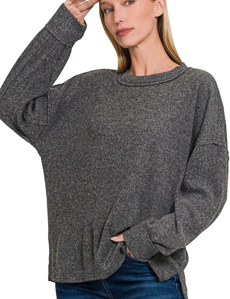 BLACK Zenana Full Size Brushed Ribbed Hacci Drop Shoulder Sweater Plus Size | Sweaters Daverri Fashions