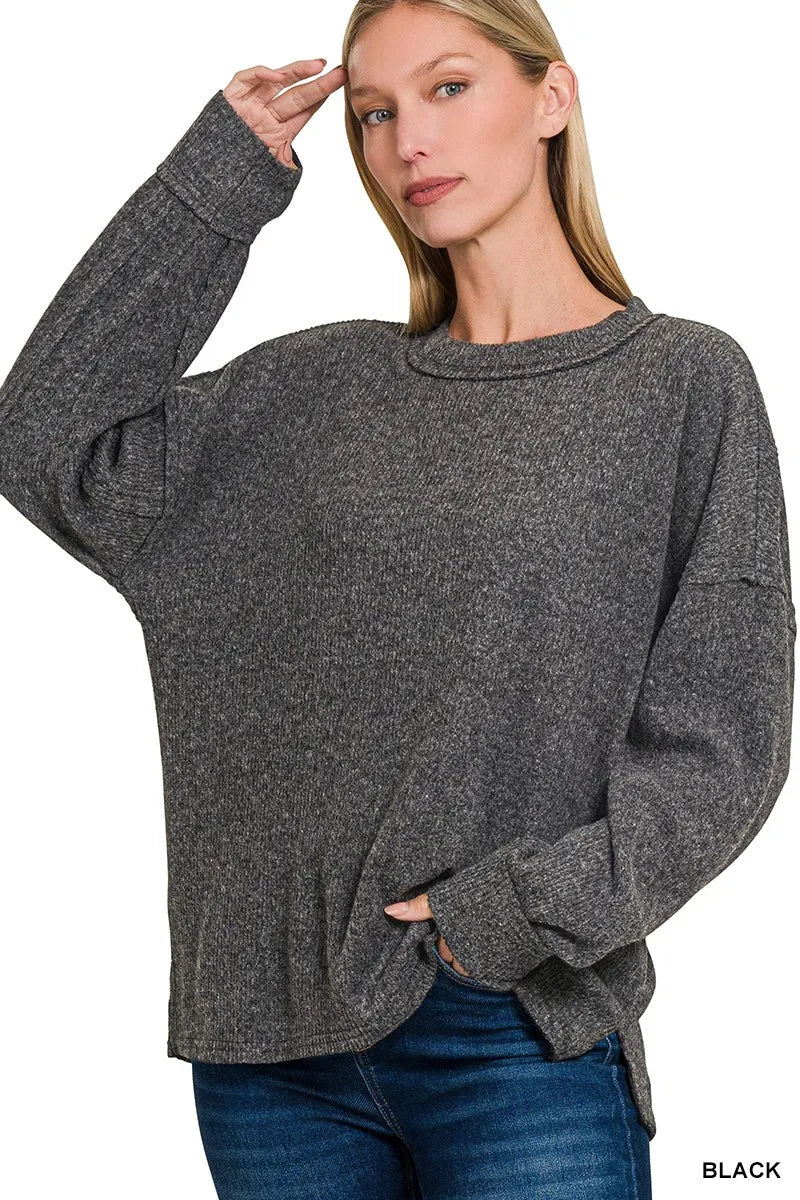 BLACK Zenana Full Size Brushed Ribbed Hacci Drop Shoulder Sweater Plus Size | Sweaters Daverri Fashions