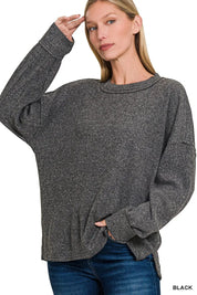 BLACK Zenana Full Size Brushed Ribbed Hacci Drop Shoulder Sweater Plus Size | Sweaters Daverri Fashions
