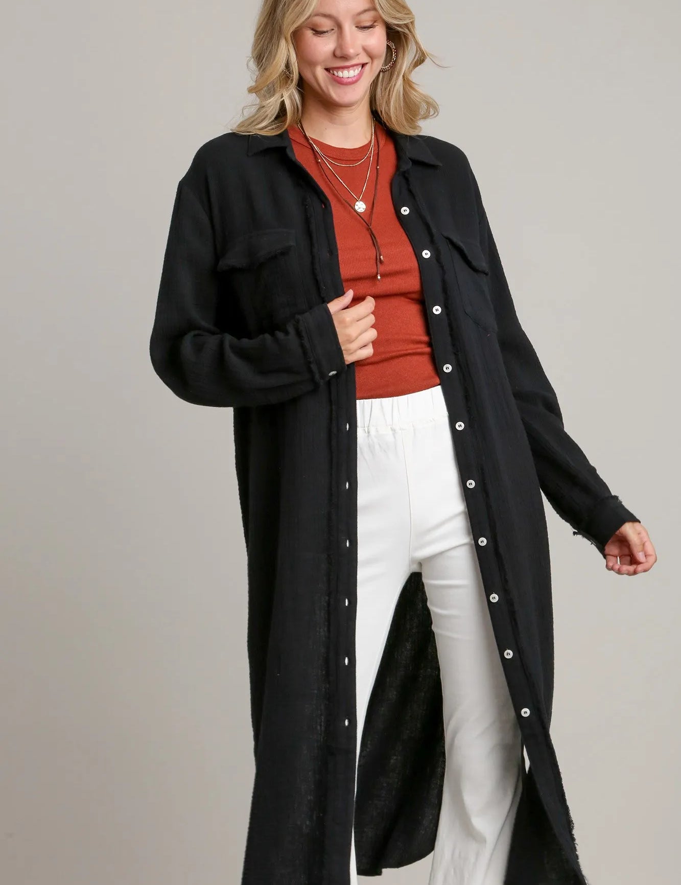 Black Umgee Cotton Gauze Button Down Shirt Dress | Midi Dresses Daverri Fashions
