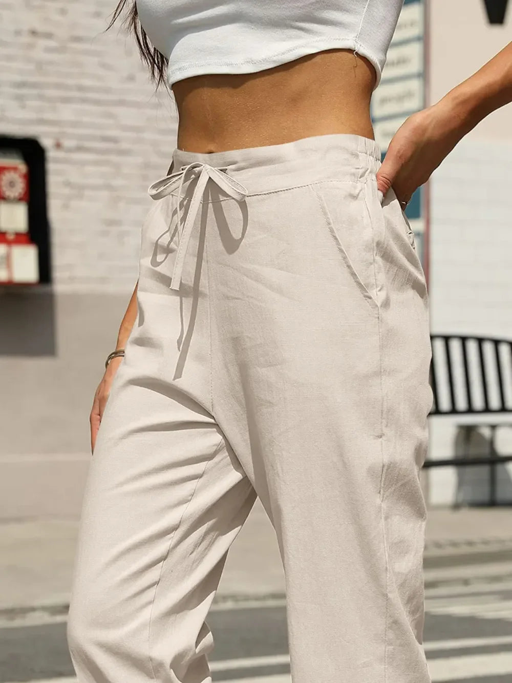 Beige high-waisted Daverri Fashions tapered jogger pants with drawstring