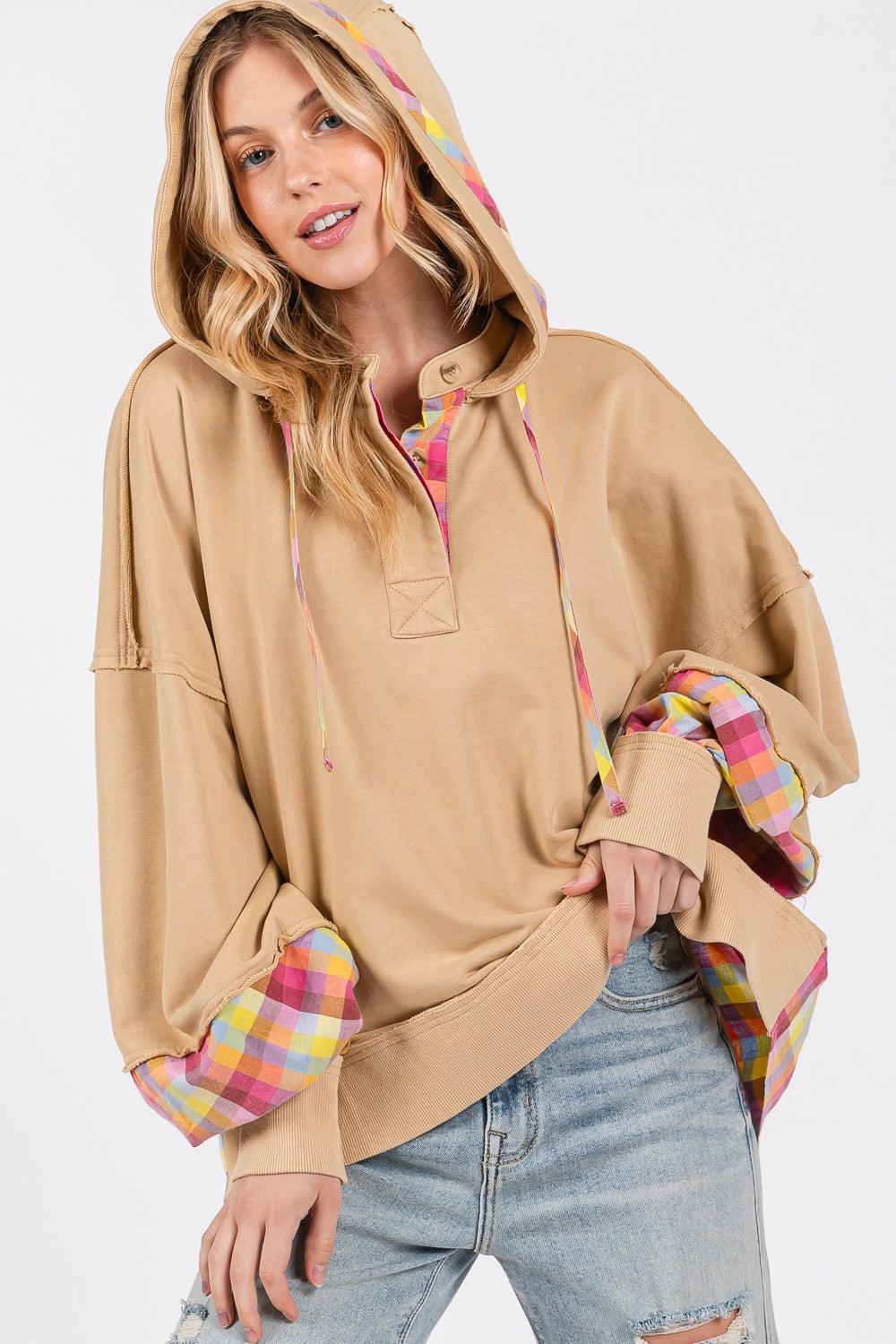 SAGE + FIG Full Size Plaid Print Washed Hoodie Plus Size Croissant 3XL Hoodies
