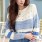 Cozy openwork striped knit long sleeve sweater in off-white and blue