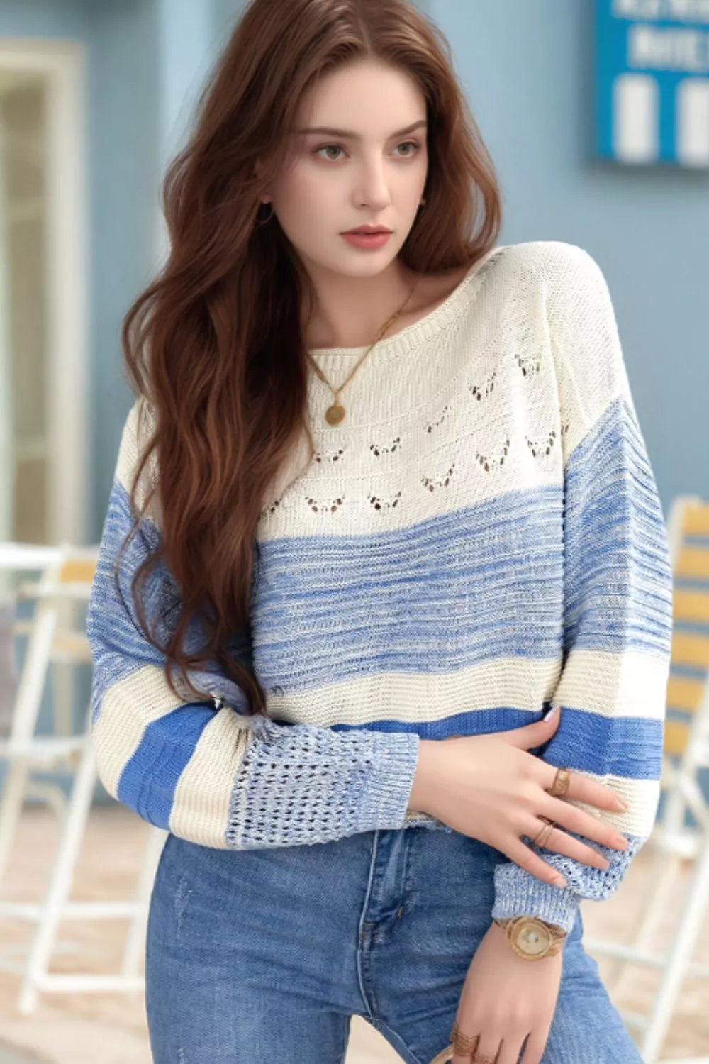 Cozy openwork striped knit long sleeve sweater in off-white and blue