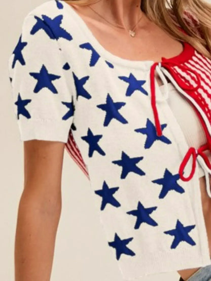 SO ME Stars and Stripe Front Bow Tie Sweater Cardigan - DAVERRI FASHIONS