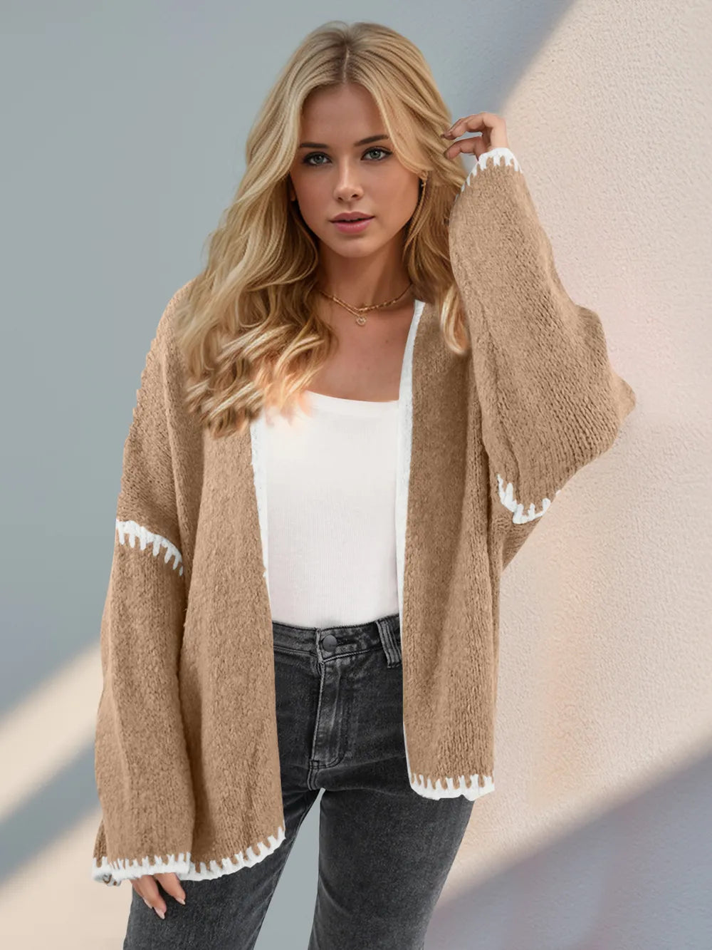 Double Take Contrast Open Front Dropped Shoulder Cardigan | Cardigans Daverri Fashions