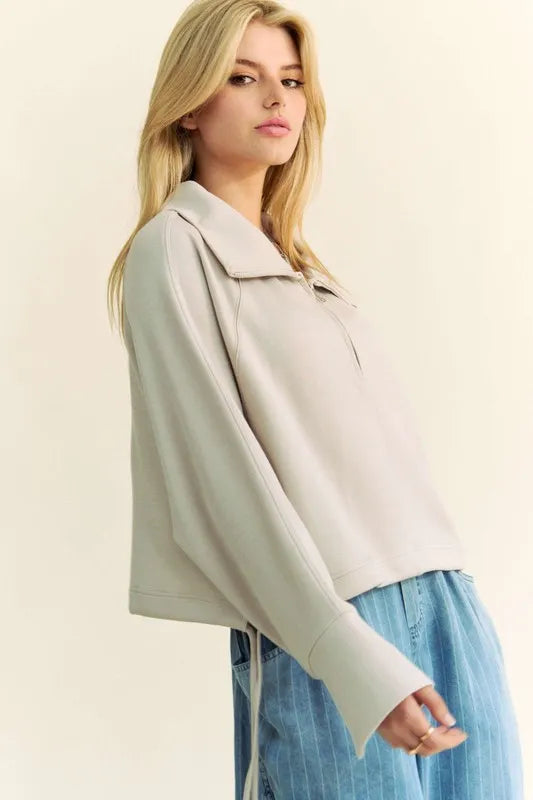 Davi & Dani Drawstring Hem Half Zip Raglan Sleeve Sweatshirt Sweatshirts